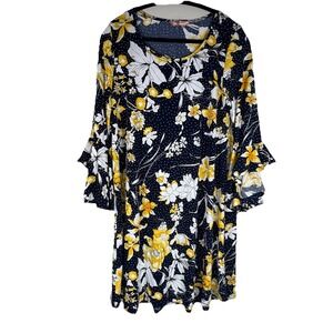 SJS Floral Navy Yellow Large Style Flounce Sleeve Knee Length Womans Dress Midi